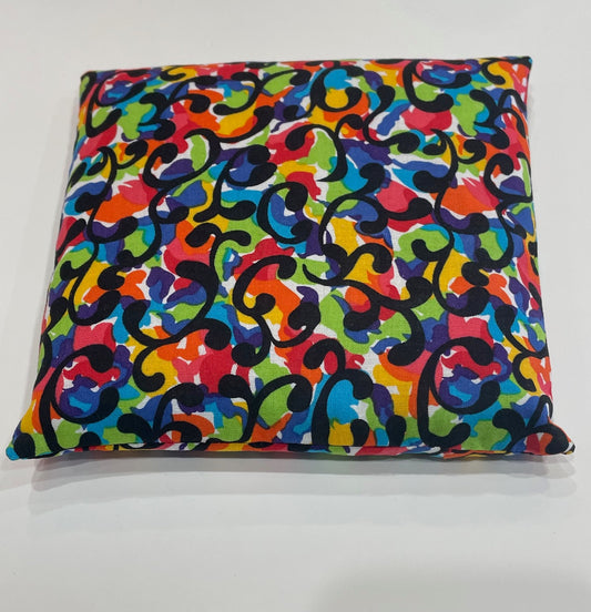 White with Multi Color Splotches and Black Swirls Pattern Medium Square 7 x 7 Heating Pad