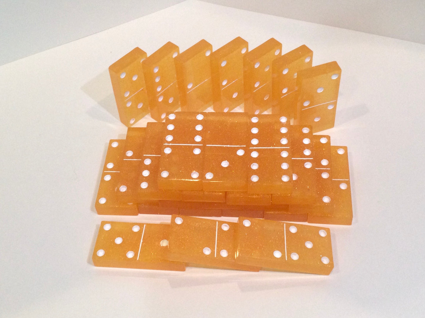 Orange Glitter Double 6 Dominoes with White Dots