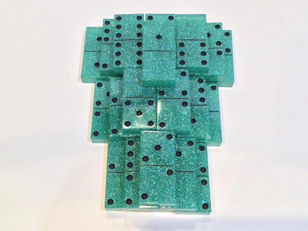 Teal Glitter Double 6 Dominoes with Black Dots