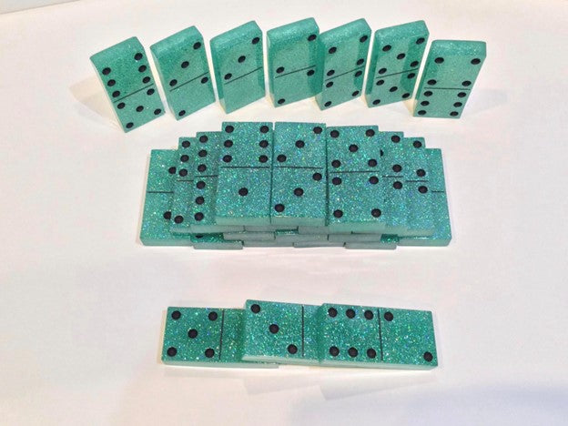 Teal Glitter Double 6 Dominoes with Black Dots