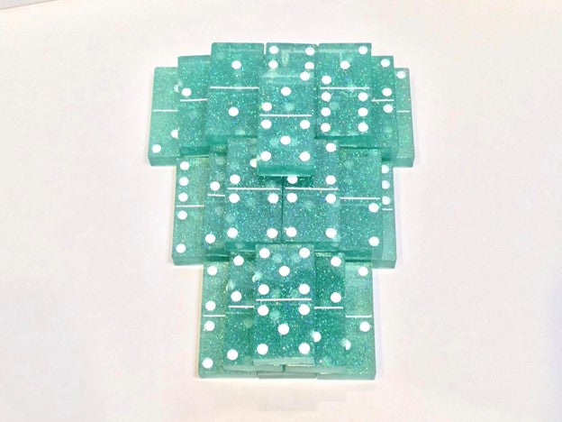 Teal Glitter Double 6 Dominoes with White Dots