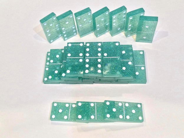 Teal Glitter Double 6 Dominoes with White Dots